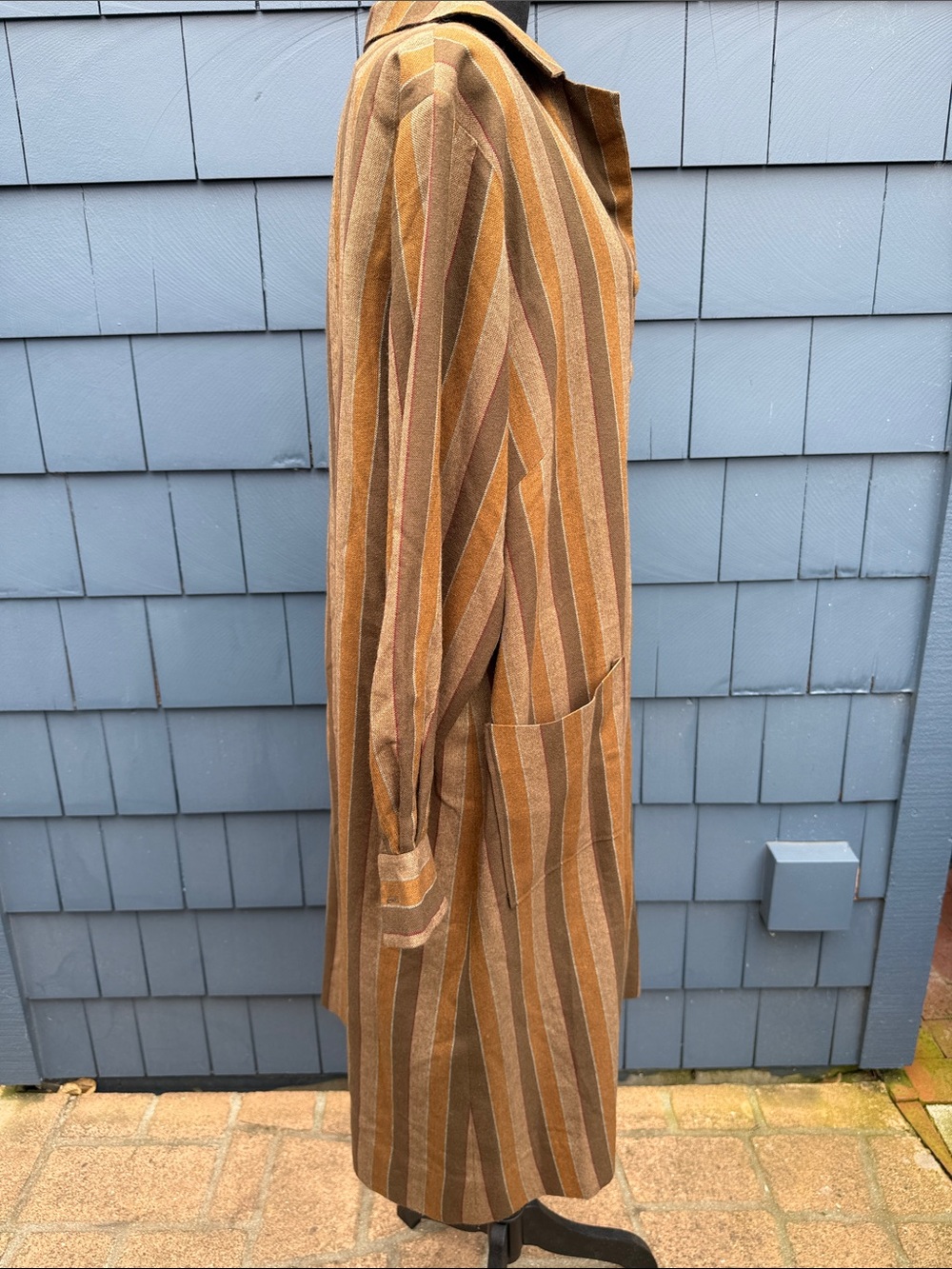 Vintage Striped Long Button-Front Dress Coat in Mustard and Brown handmade brown - Picture 5 of 12